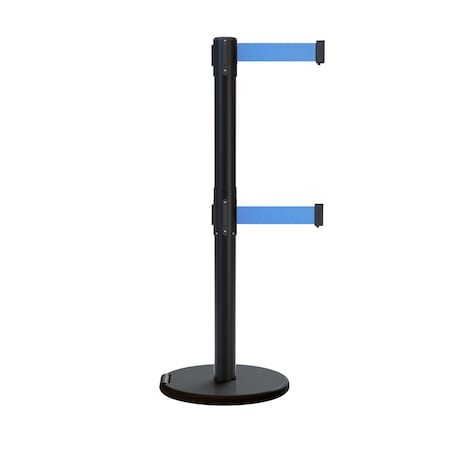 Montour Line Retractable Double Belt Rolling Stanchion, Light Blue, 11 ft Length, 2.5 ft Post Height P400DRL-BK-LBL-110